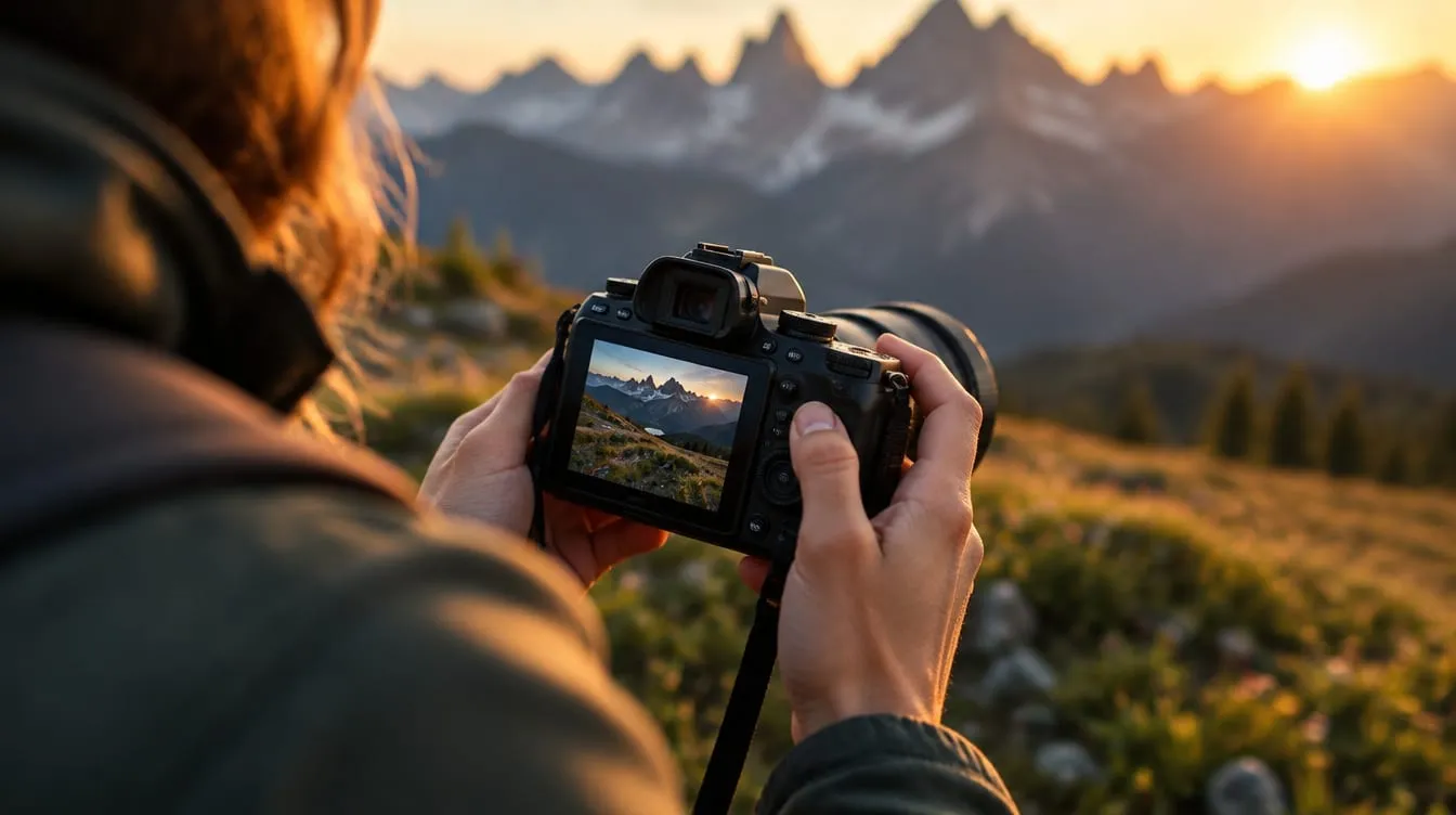 Fotografo di spalle al tramonto in montagna che controlla sul display della fotocamera lo scatto appena fatto