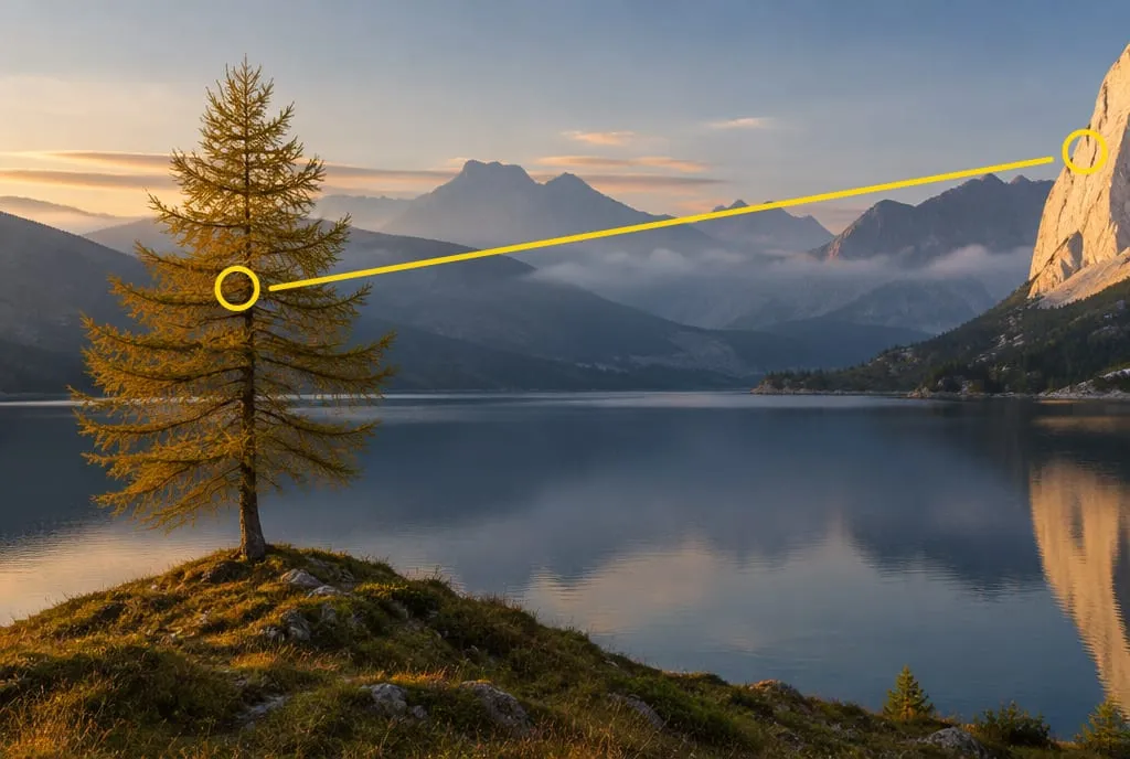 Lago alpino al tramonto con un larice a sinistra e una parete di roccia molto chiara sul bordo destro; un cerchio giallo segna il larice, uno la roccia, una linea li collega