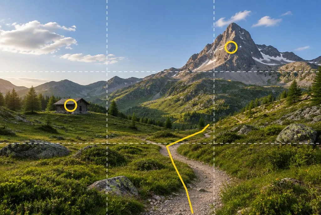 Paesaggio alpino con griglia dei terzi sovrapposta: il sentiero parte dal basso e porta verso la vetta sul terzo destro, la baita sul terzo sinistro