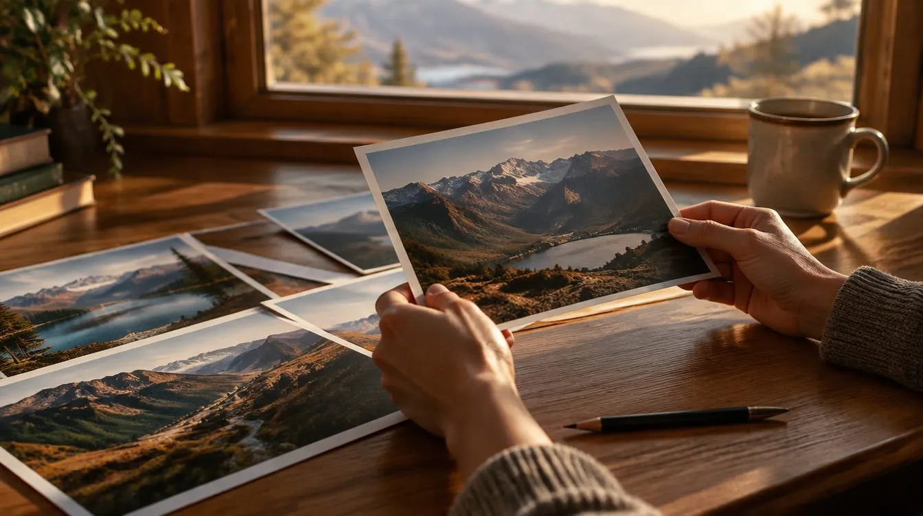 Due mani tengono una stampa di paesaggio di montagna vicino a una finestra; sulla scrivania di legno altre stampe, una matita e una tazza