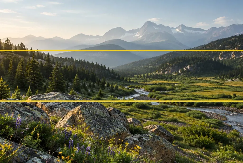 Paesaggio di montagna illustrato diviso da due linee gialle in tre piani: rocce e fiori in primo piano, torrente e prato nel piano intermedio, creste azzurrate sullo sfondo