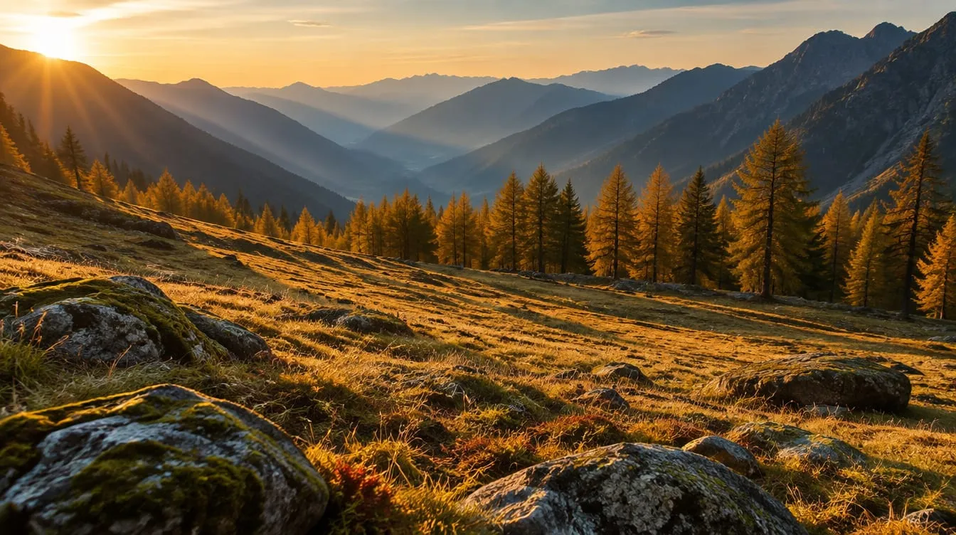 Valle alpina illustrata al tramonto: luce radente calda, rocce in primo piano, larici nel piano intermedio e creste sfumate sullo sfondo